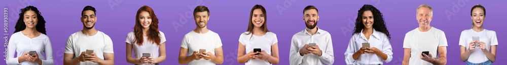 Smiling young and old european men and women in white clothes with smartphones Smiling young and old european men and women in white clothes with smartphones