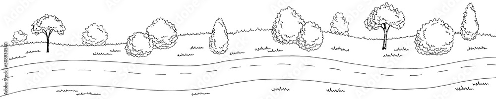 Road long graphic black white landscape sketch illustration vector - obrazy, fototapety, plakaty 