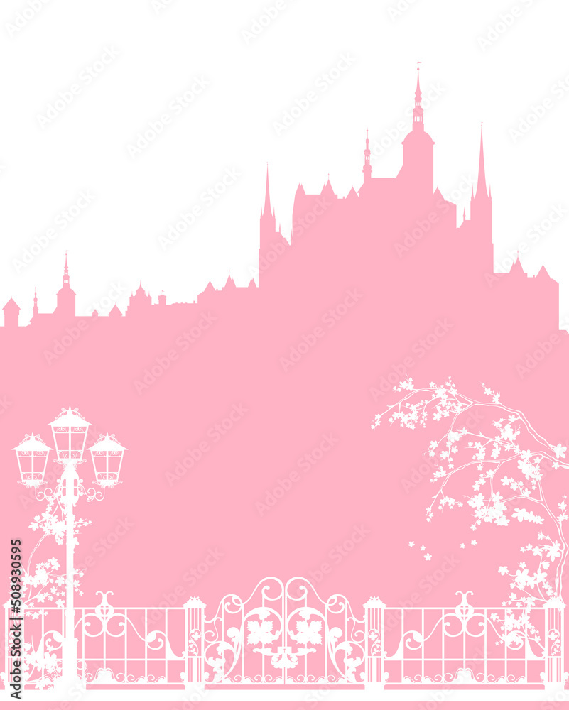 blooming spring season tree branches, fairy tale princess castle and city street with streetlight, fence and gate vector silhouette design set