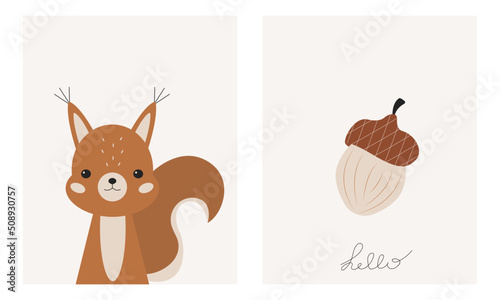 Cute cartoon squirrel and nut. Set baby posters. Wall art nursery. Funny design for textiles, postcards, baby shower. Portrait happy squirrel. Kids print animals. Scandinavian childish style.