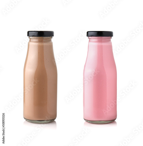 Strawberry milk bottle and chocolate milk bottle isolated on white background