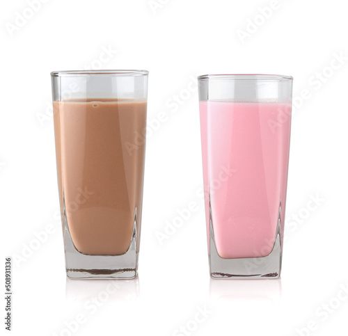 Chocolate milk glass and strawberry milk glass isolated on white background