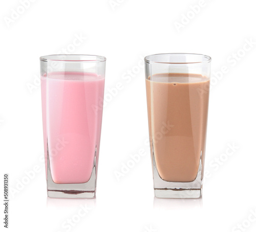 Strawberry milk glass and chocolate milk glass isolated on white background