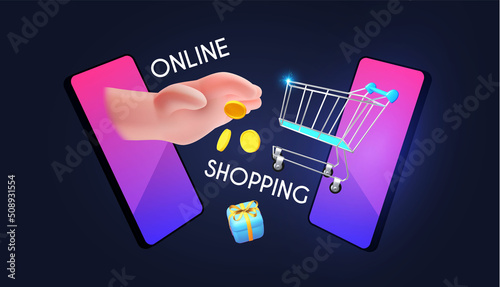 Online shopping. Digital marketing concept with shining phone, paying hand, shopping trolley cart, coins and gift box