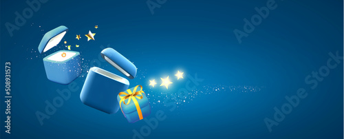 Gift boxes with light. Win, special offe and shopping design template with opened gift boxes, stars and light.