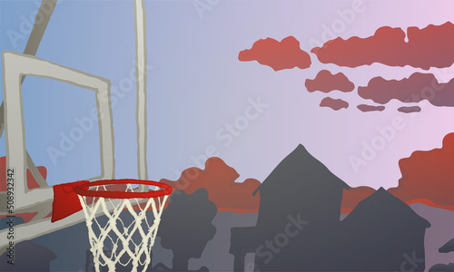 Illustration of a basketball shield at sunset. City, landscape, eps ready to use. For your design