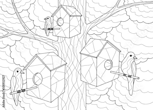 Canvastavla Birds coloring sitting on tree birdhouse graphic black white sketch illustration