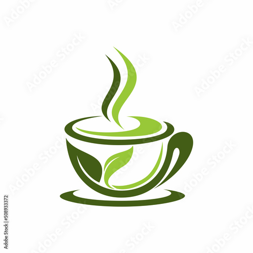 Green tea cup with leaves logo design icon