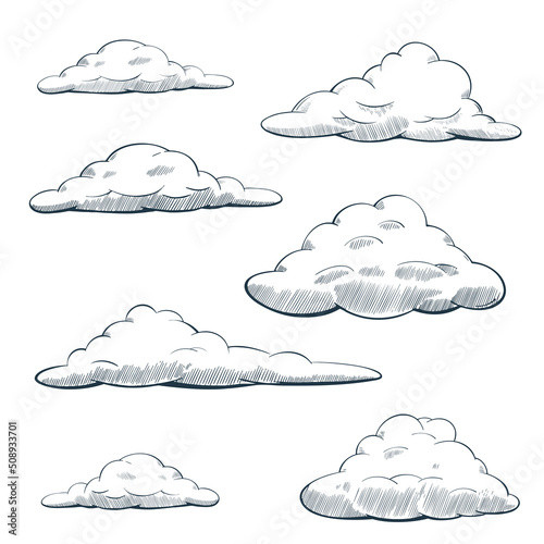 Hand drawn cloud elements in scetch style. Vector illustration