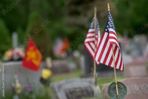 Flags placed on the Graves of Veterans at Knox Cemetery in Ouaquaga in Upstate NY. Memorial Day Tribute with American Flags at Military Graves.