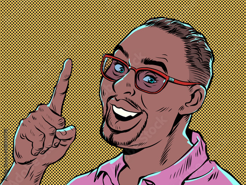 black african man index finger up gesture, important information or advertising concept