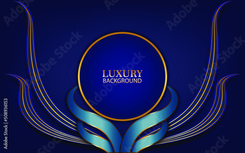 golden circle frame and blue ribbon with lines element on dark blue luxury style background