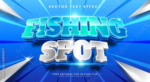 Fishing spot 3d editable text effect with blue and silver color, suitable for fishing themes.