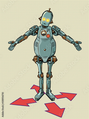game character robot control right left forward back. Businessman at the fork. difficult decision