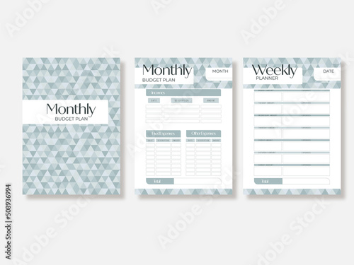 Minimalist Financial planner monthly,weekly,budget. Triangular mosaic backdrop in pastel tones A4