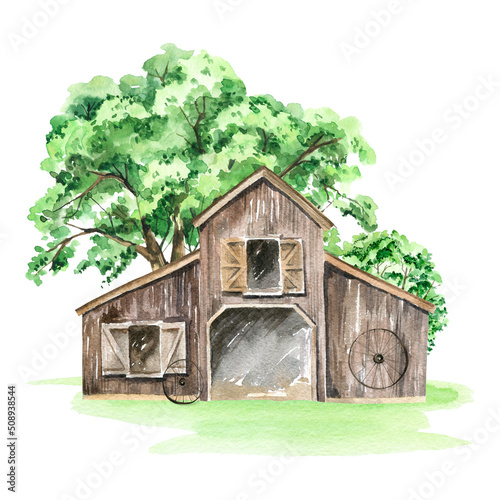Watercolor farmhouse in the garden, Wooden barn with green trees