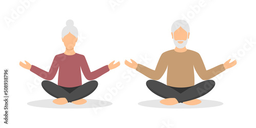 Senior couple meditating together. Elderly woman and man in casual clothes sitting in the lotus position. Vector illustration in flat style