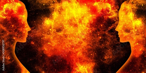 Female shining space silhouettes on a background of red and yellow starry universe