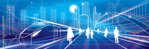 Transport infrastructure panorama, people waiting for train on railway station, locomotive move, pedestrian bridge, modern city at neon background, business buildings, urban skyline, vector design art