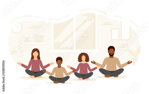 Multinational family in casual clothes meditates together at home. Vector illustration in flat style