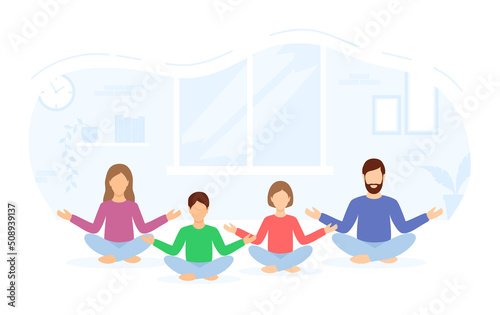 A family in casual colorful clothes meditating together at home. Vector illustration in flat style