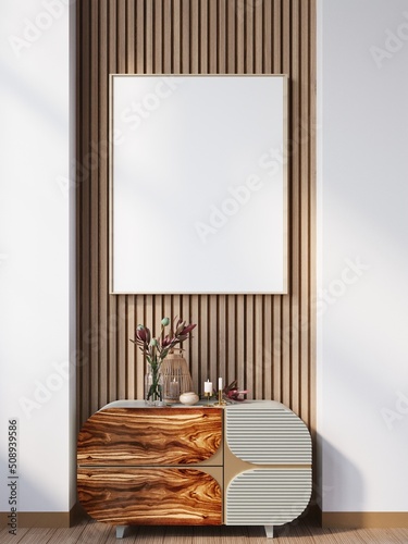 mock up poster frame in modern interior wood floor concrete wall background, Scandinavian style, Loft style, 3D render, 3D illustration