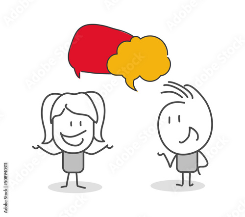 Stick figures. People with speech bubbles. Cartoon style. Social networks, news, social networks, chat, dialogue speech bubbles.