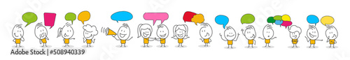 Stick figures. People with speech bubbles. Cartoon style. Social networks, news, social networks, chat, dialogue speech bubbles.