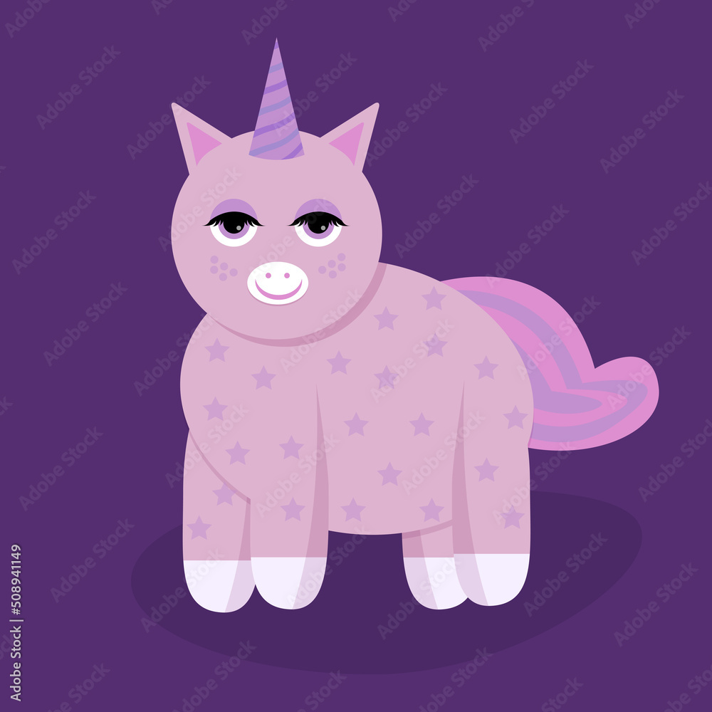 Lilac cute unicorn with a holiday hat on his head at a party, festive unicorn, children birthday, flat vector illustration. Stars on the animal's body. Doodle, party concept, magic. Lilac cute unicorn with a holiday hat on his head at a party, festive unicorn, children birthday, flat vector illustration. Stars on the animal's body. Doodle, party concept, magic.