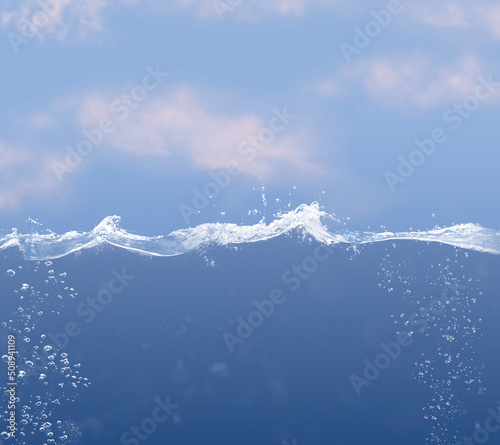 A waterline in the ocean with clouds and waves. Waterline overlay effect with splashes and bubbles.