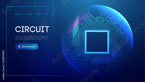 Electronic circuit board in sphere shield. Blue technology network vector illustration with hexagon wave. Network connection background.