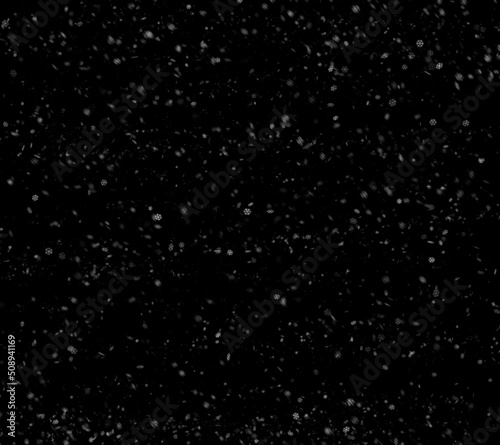 Snow on a black background. Flying snowflakes. The effect of snowfall overlay.