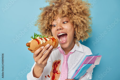 Hungry female student eats delicious hot dog with grilled sausage has yummy snack enjoys fast food has no time for preparing meal prepares for exams holds folders wears white shirt dirty with ketchup