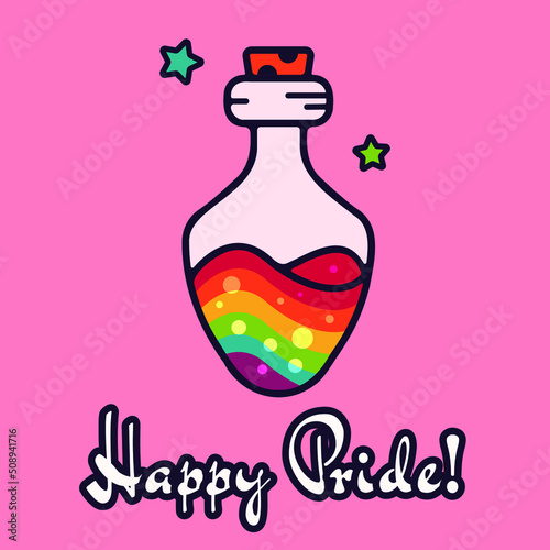 Magic potion bottle with rainbow and text Happy Pride isolated on pink background. Festive LGBT banner. Bright cartoon vector illustration