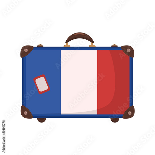 Travel suitcase with the flag of France in flay style. Isolated on a white background. Vector image