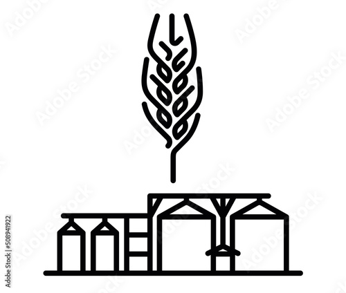 Ear of wheat with silos vector line icon, concept of grain storage vector illustration supply chain