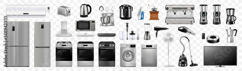Fotografia A set of household appliances: microwave oven, washing machine, refrigerator, vacuum cleaner, multicooker, food processor, blender, iron, juicer blender, toaster