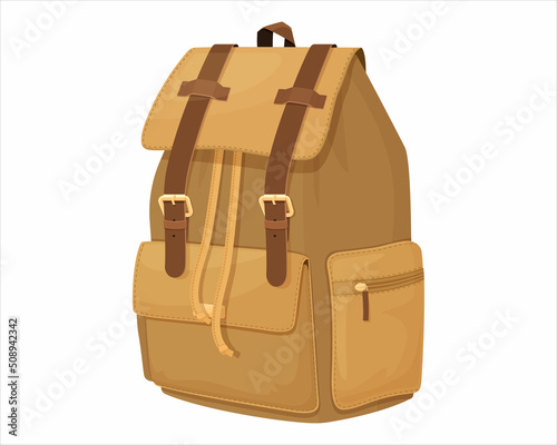Backpack isolated on white. Travel backpack isolated objects. Сamping bag. Equipment for hiking, mountaineering, expeditions. Sport, lifestyle, hobby concept. vector flat illustration