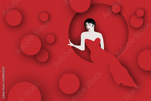 A paper-cutout style portrait of a woman in a stylish red gown is featured.