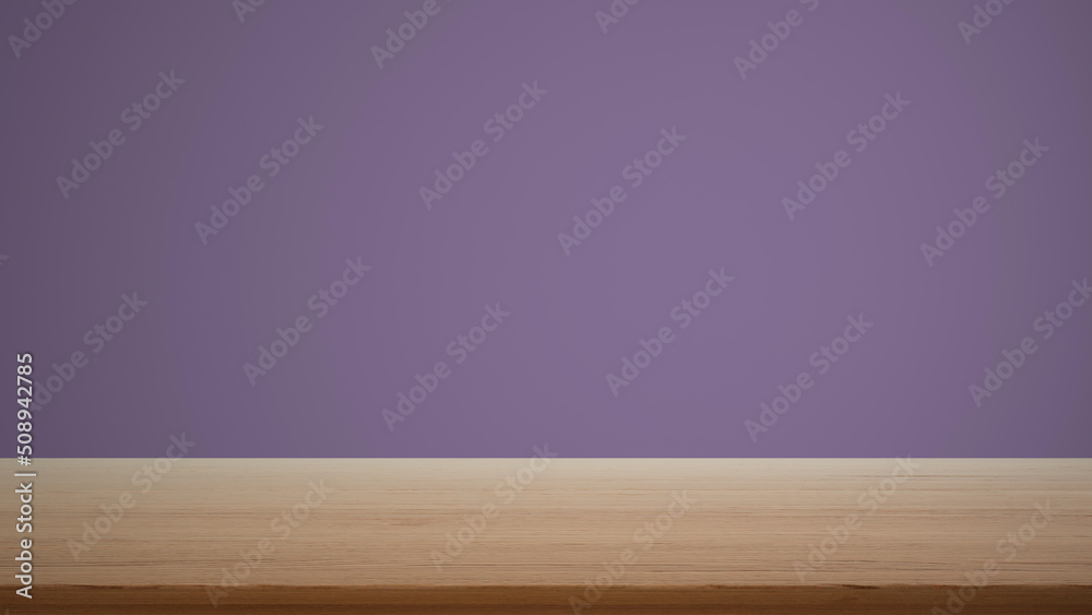 Empty interior design concept, wooden table, desk or shelf close up. Purple colored background with copy space, template mock up concept idea Empty interior design concept, wooden table, desk or shelf close up. Purple colored background with copy space, template mock up concept idea