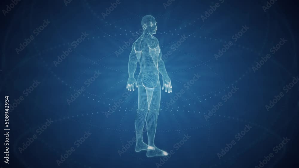Lone 3D digital holographic human man rotating in abstract blue cyberspace virtual reality with dashed geometric circles. Full HD and looping HUD styled technology concept motion background.