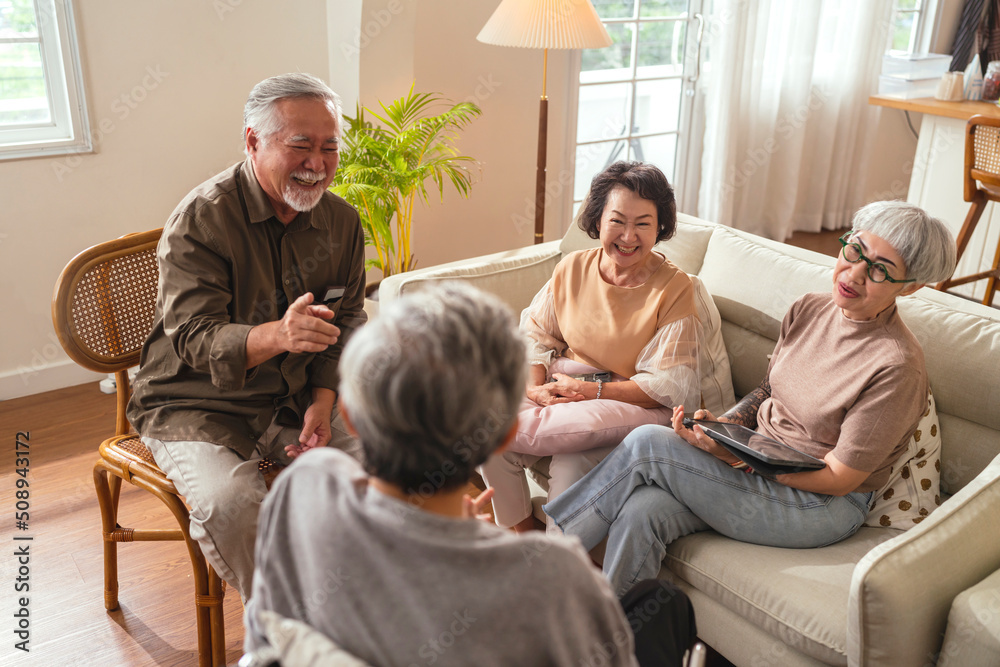 old senior asian friends retired people hapiness positive laugh smile conversation together at living room at nursing home Seniors participating in Group Activities in Adult Daycare Center - obrazy, fototapety, plakaty 