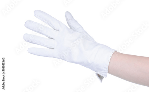 Fototapeta Naklejka Na Ścianę i Meble -  Female hands with white leather gloves on white background isolation