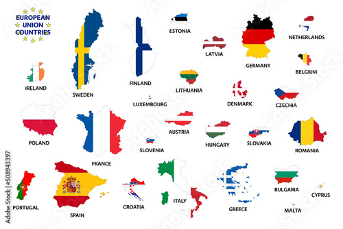 European Union countries with flags after Brexit. Member states of European Union without the United Kingdom. Simple vector illustration