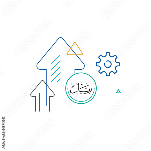 Investment,  icon indicating the Saudi riyal and the rise in shares to the top