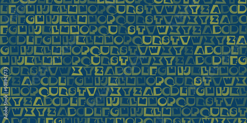 Rows of Green Art Deco Style Bold Fonts, Random Letters of the Alphabet - Pattern, Seamless Texture on Dark Wide Scale Blue Background, Design Element for Web or Book Covers in Editable Vector Format