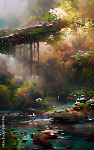 Fantasy forest with oasis, tropical leaves, flowers, stone mountain. Art illustration.