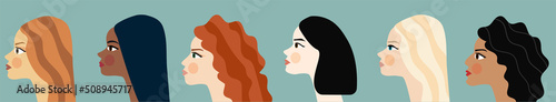 Turned faces from the side, the faces of women of girls of different nationalities, racial diversity, tolerance, beauty, fashion, equality. Black, white, Asian people. Redheads, blondes, brunettes set