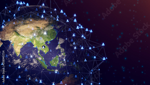 Fototapeta Naklejka Na Ścianę i Meble -  Connecting people network and global earth connection. Social media and Network community concept. Global business, internet technology, IoT. 3D Rendering.Elements of this image furnished by NASA.