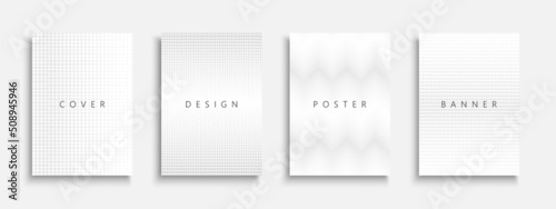 Collection of white and gray halftone covers, templates, backgrounds, placards, brochures, banners, flyers and etc. Abstract dotted posters, cards, presentations. Minimalistic digital design